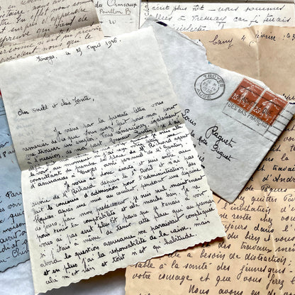 1930s French vintage letter lot with handwritten script, original stamps, and historical postmarks.