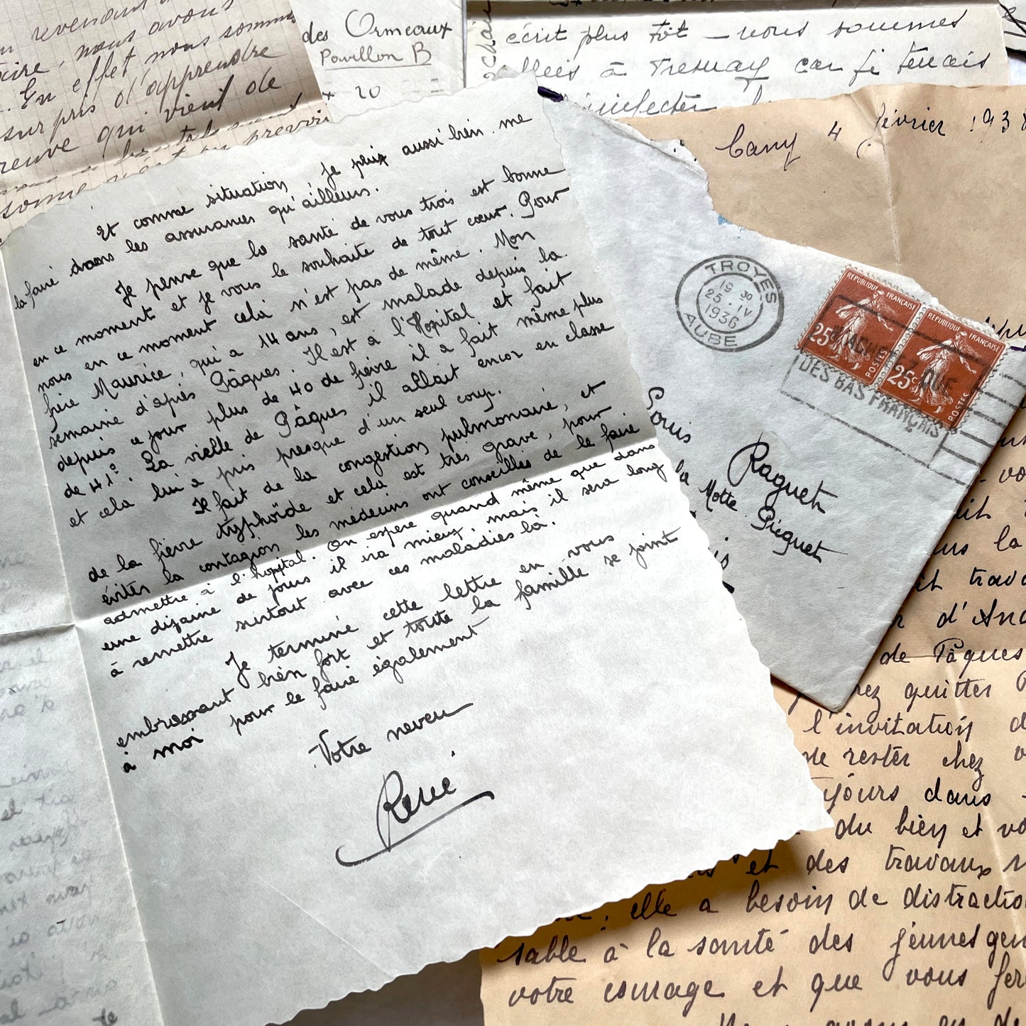 1930s French vintage letter lot with handwritten script, original stamps, and historical postmarks.