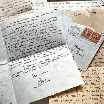 1930s French vintage letter lot with handwritten script, original stamps, and historical postmarks.