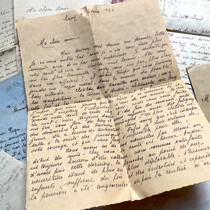 1930s French vintage letter lot with handwritten script, original stamps, and historical postmarks.