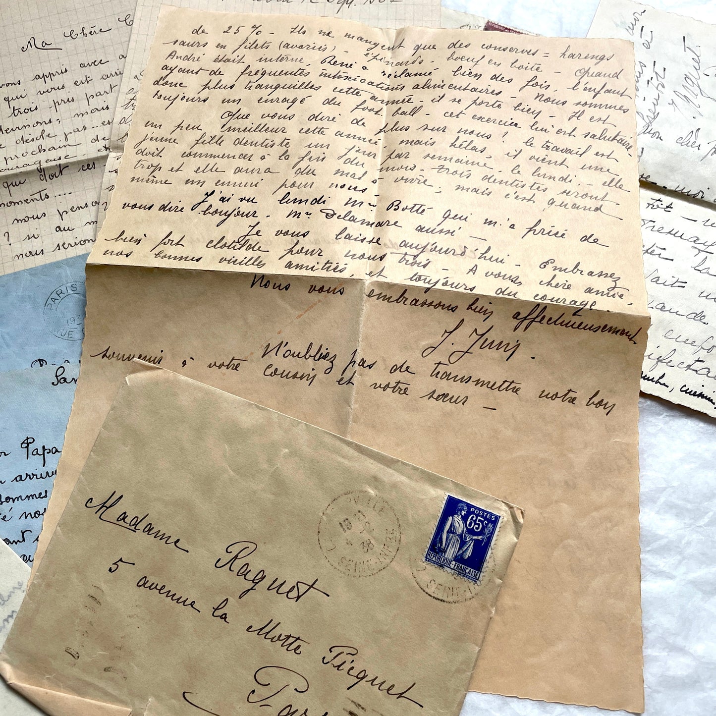 1930s French vintage letter lot with handwritten script, original stamps, and historical postmarks.