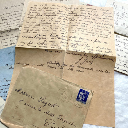 1930s French vintage letter lot with handwritten script, original stamps, and historical postmarks.