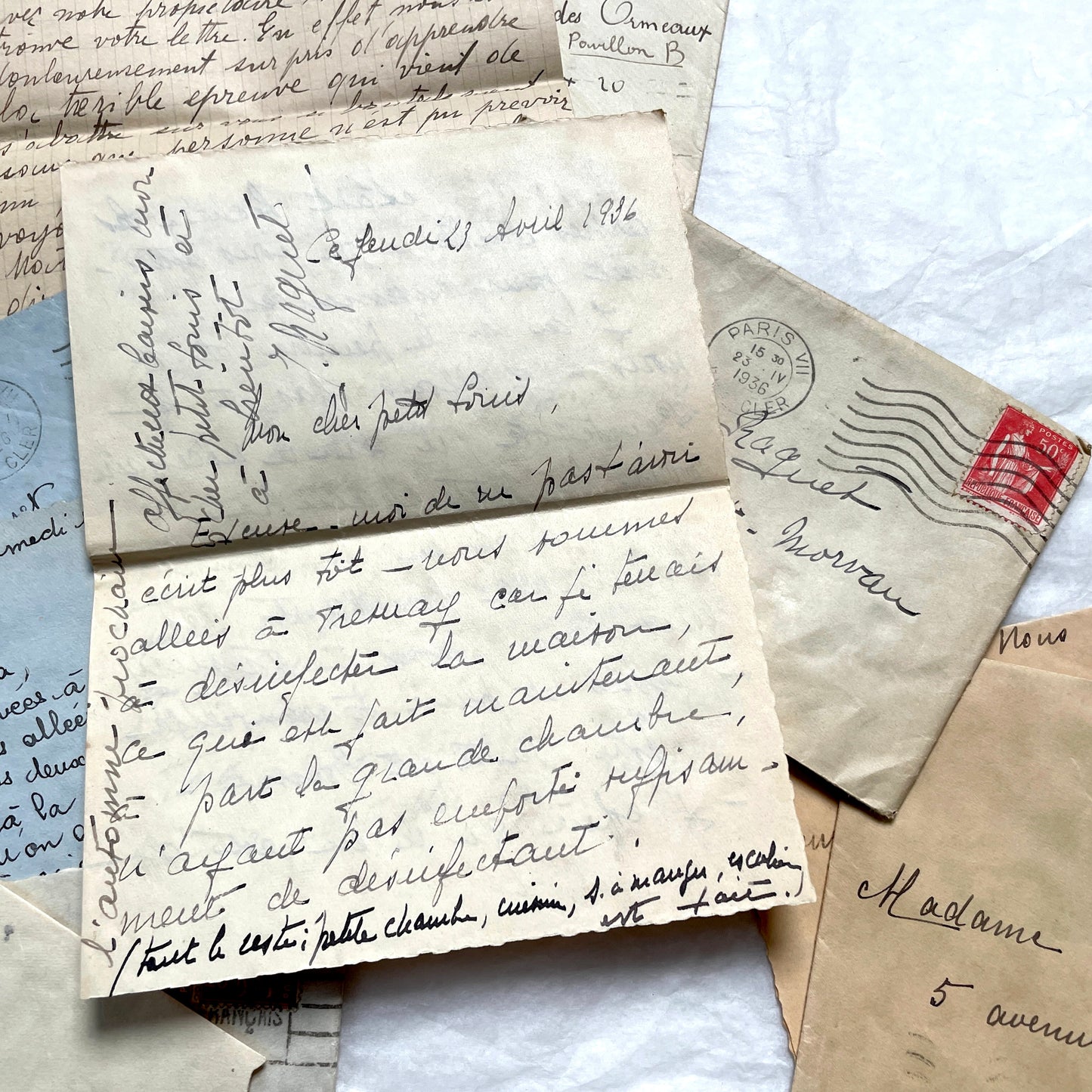 1930s French vintage letter lot with handwritten script, original stamps, and historical postmarks.