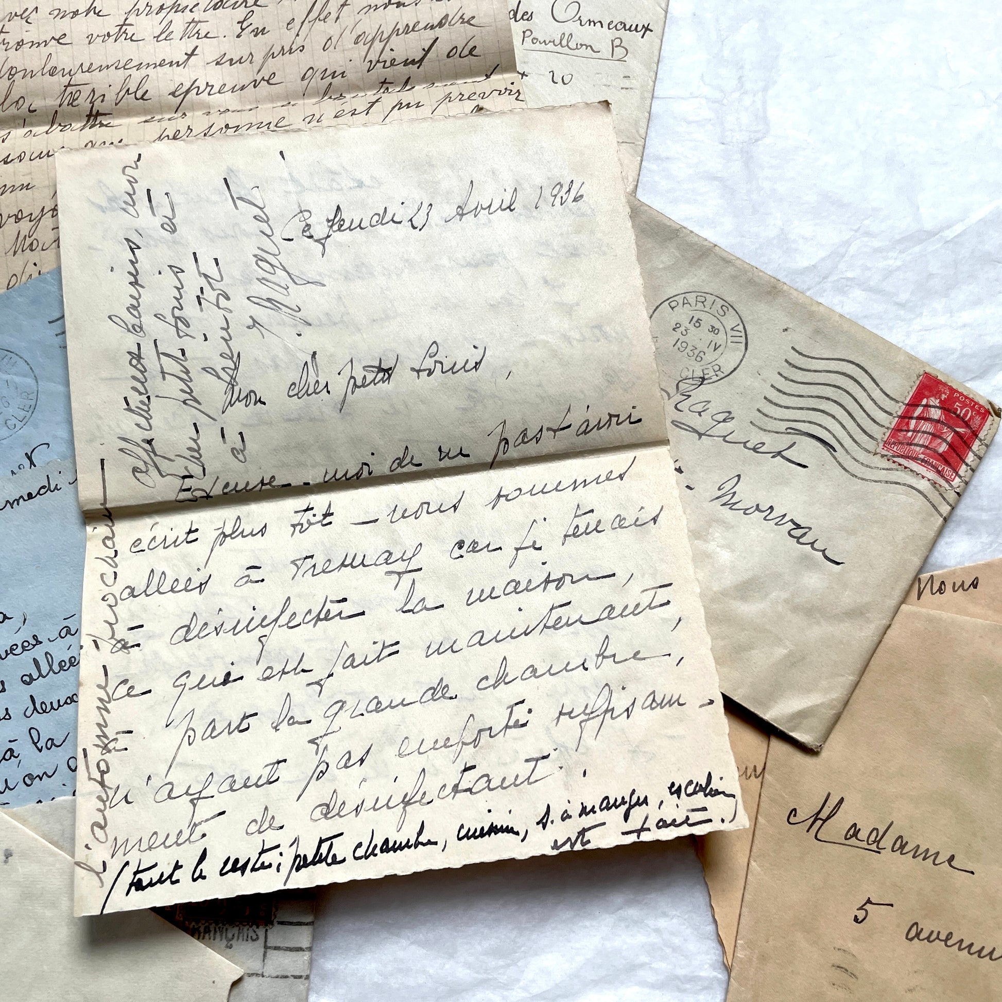 1930s French vintage letter lot with handwritten script, original stamps, and historical postmarks.