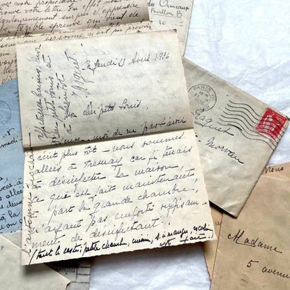 1930s French vintage letter lot with handwritten script, original stamps, and historical postmarks.