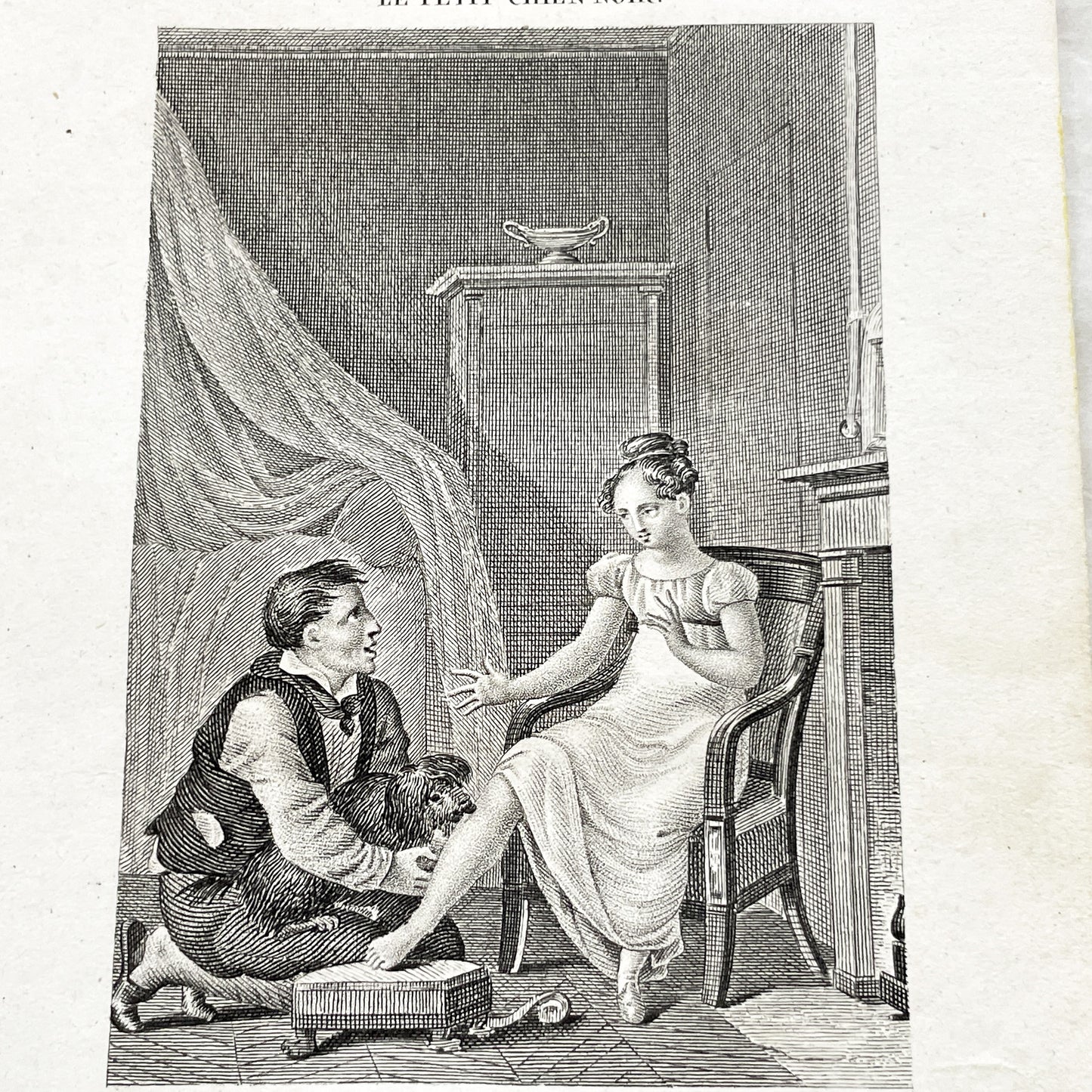 Early 19th - Captivating French Engraving depicting a domestic scene from 'Le Petit Chien Noir' - Antique Print - Literary Illustration