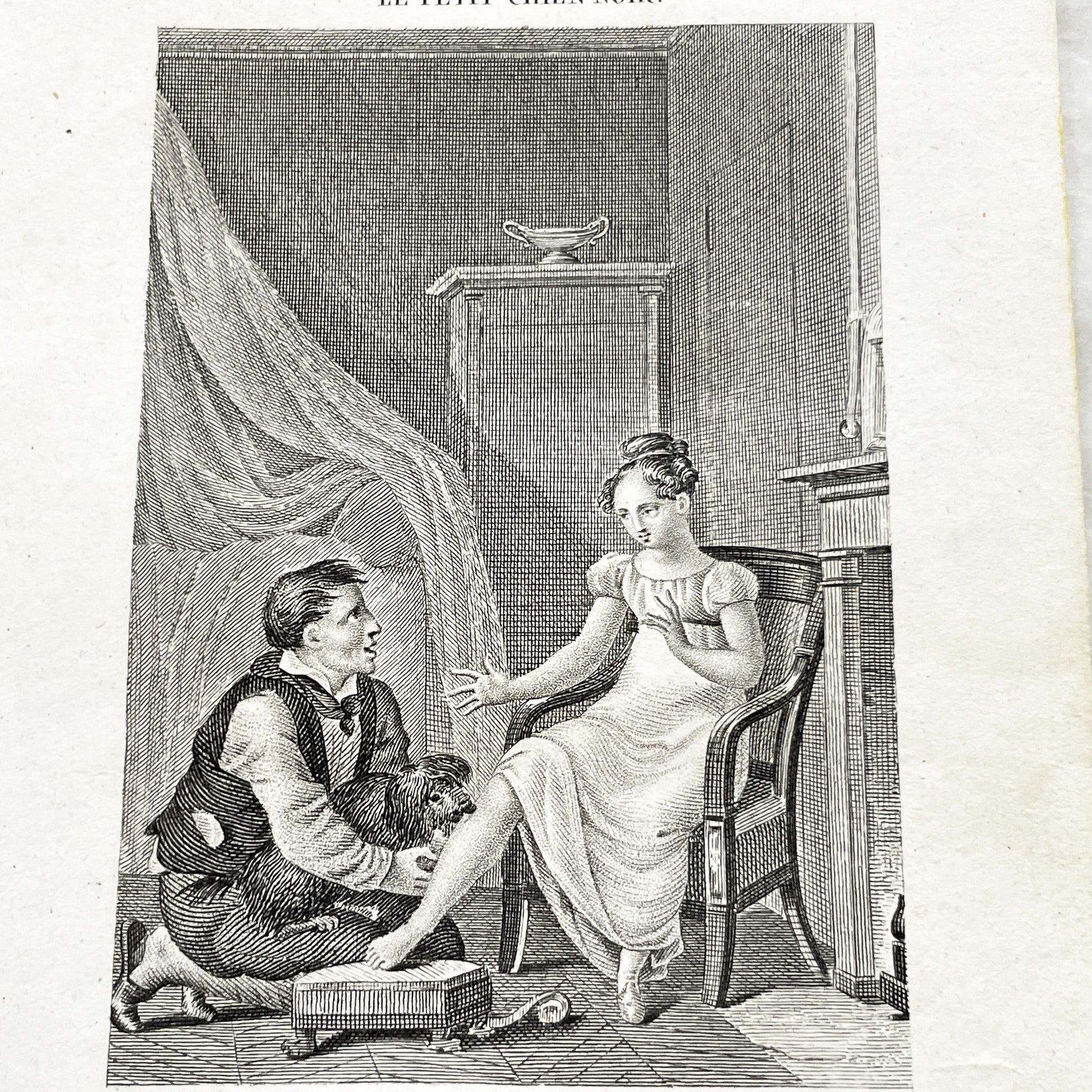 Early 19th - Captivating French Engraving depicting a domestic scene from 'Le Petit Chien Noir' - Antique Print - Literary Illustration