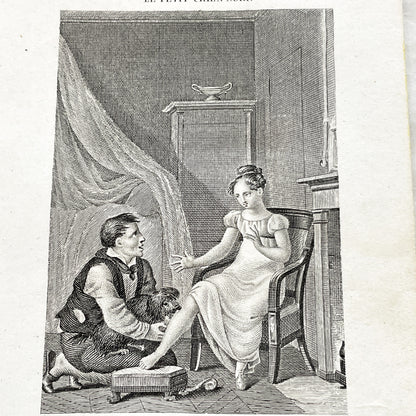 Early 19th - Captivating French Engraving depicting a domestic scene from 'Le Petit Chien Noir' - Antique Print - Literary Illustration