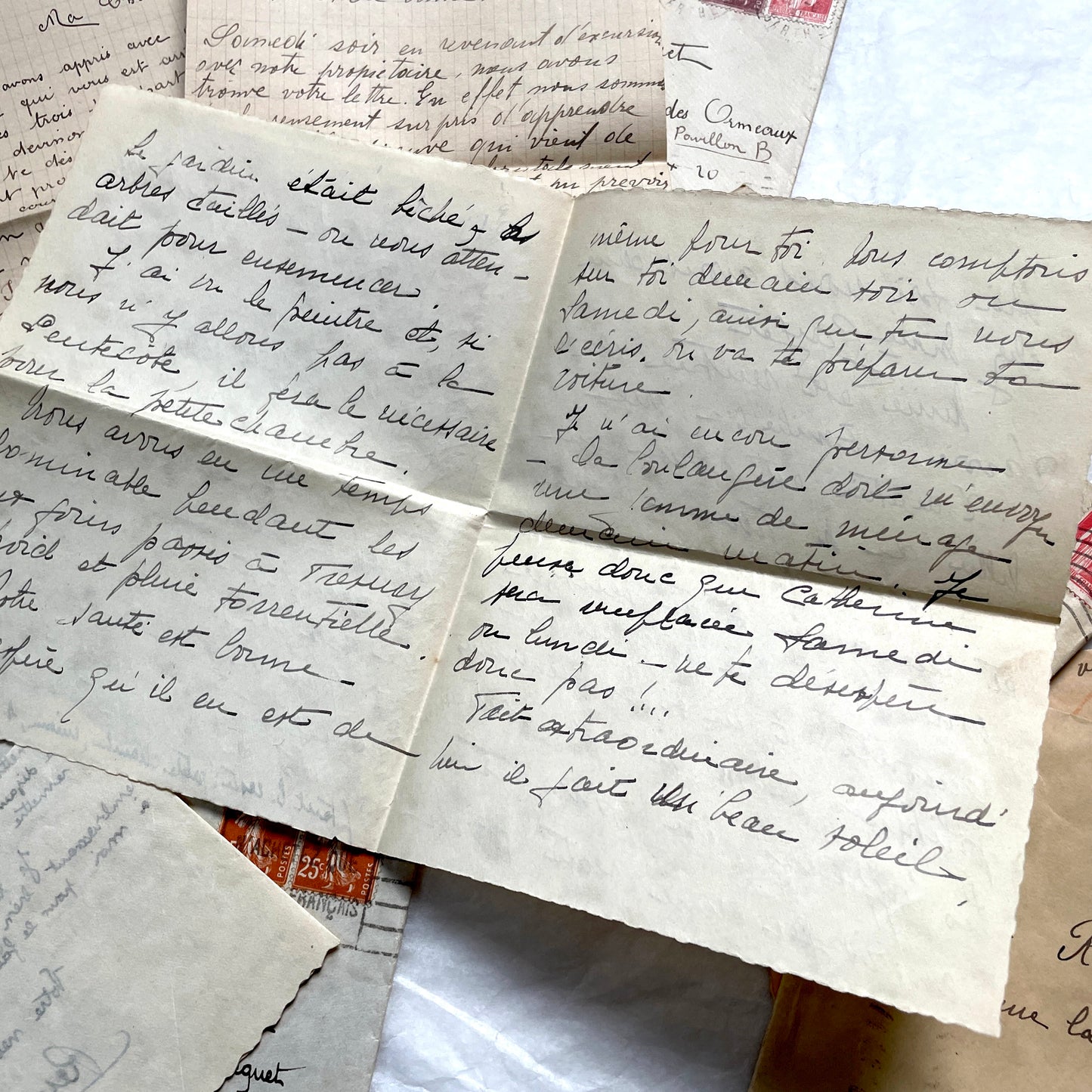 1930s French vintage letter lot with handwritten script, original stamps, and historical postmarks.