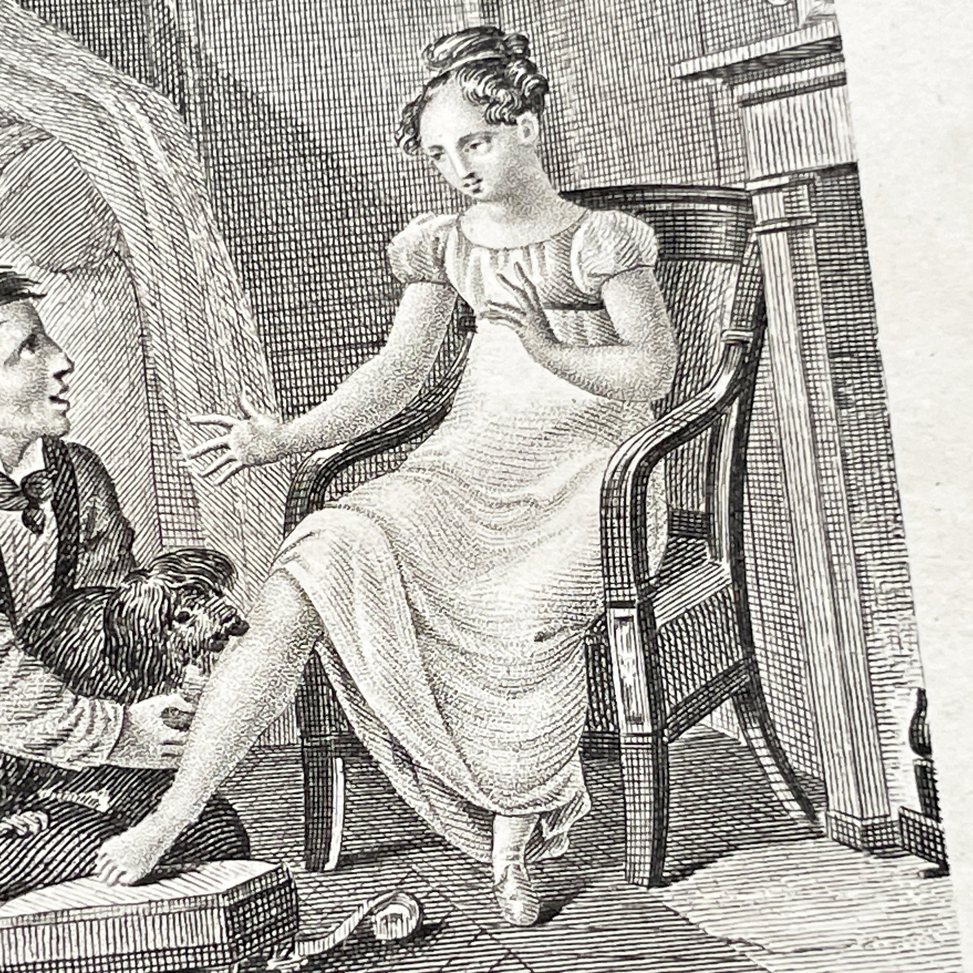 Early 19th - Captivating French Engraving depicting a domestic scene from 'Le Petit Chien Noir' - Antique Print - Literary Illustration