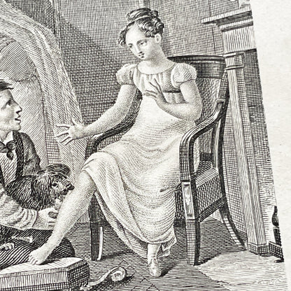Early 19th - Captivating French Engraving depicting a domestic scene from 'Le Petit Chien Noir' - Antique Print - Literary Illustration
