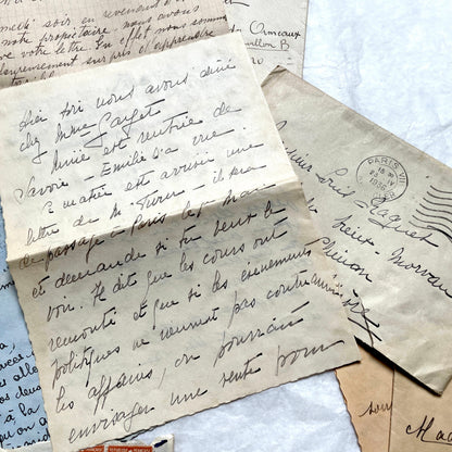 1930s French vintage letter lot with handwritten script, original stamps, and historical postmarks.