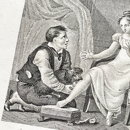 Early 19th - Captivating French Engraving depicting a domestic scene from 'Le Petit Chien Noir' - Antique Print - Literary Illustration