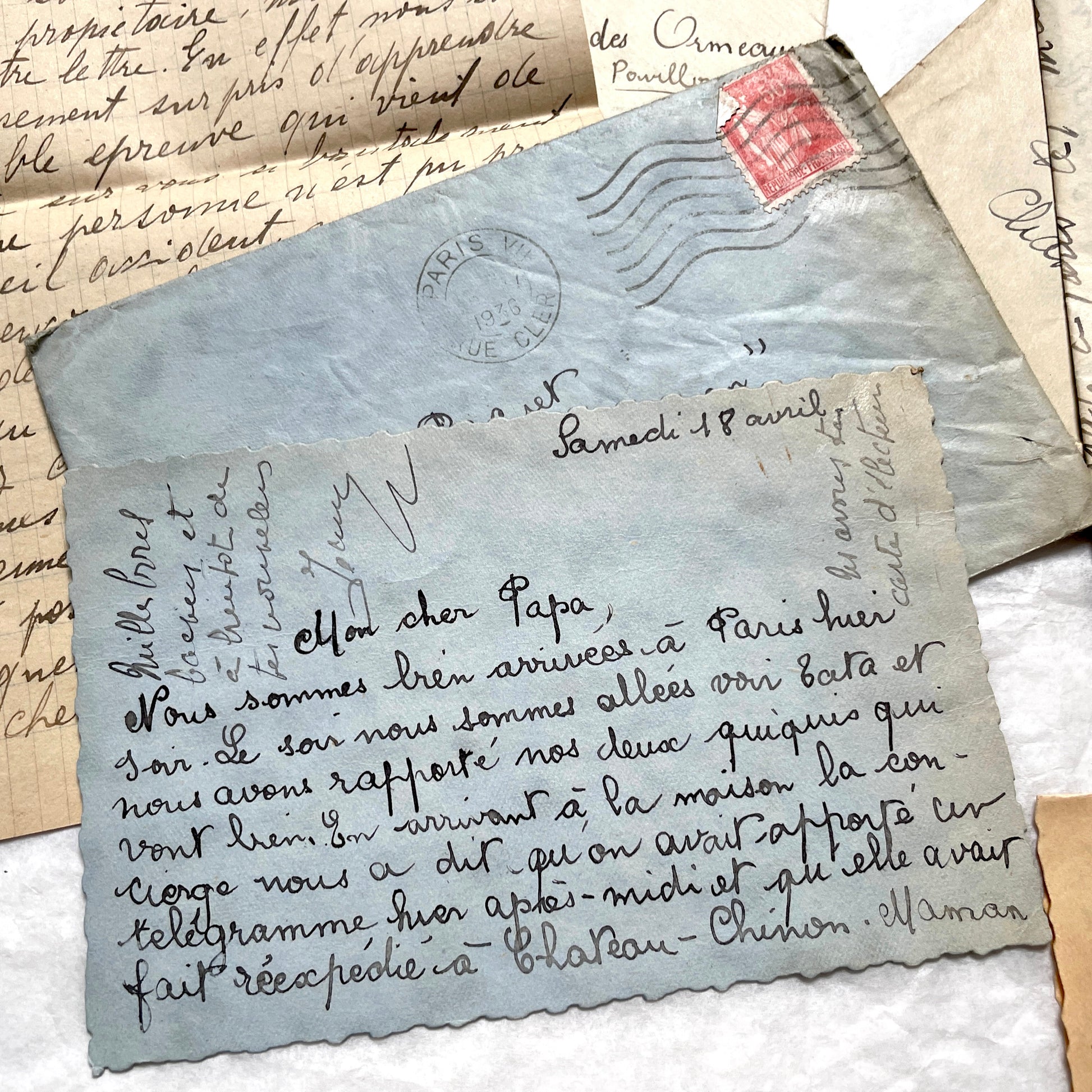 1930s French vintage letter lot with handwritten script, original stamps, and historical postmarks.