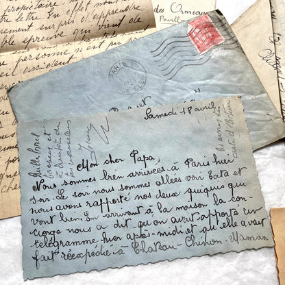 1930s French vintage letter lot with handwritten script, original stamps, and historical postmarks.
