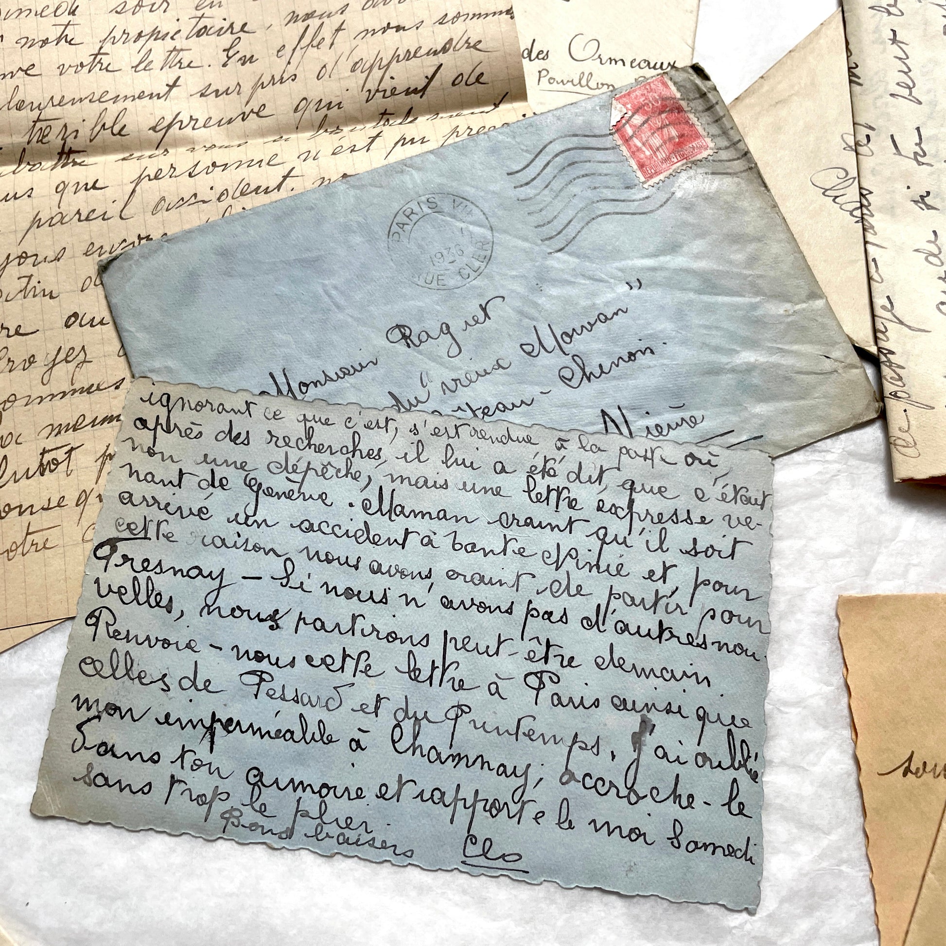 1930s French vintage letter lot with handwritten script, original stamps, and historical postmarks.