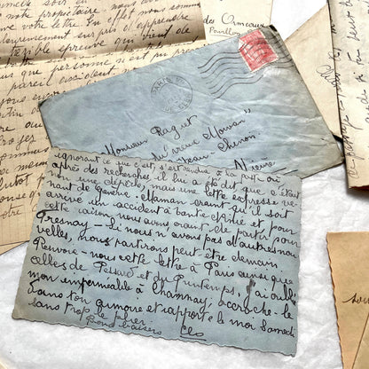 1930s French vintage letter lot with handwritten script, original stamps, and historical postmarks.