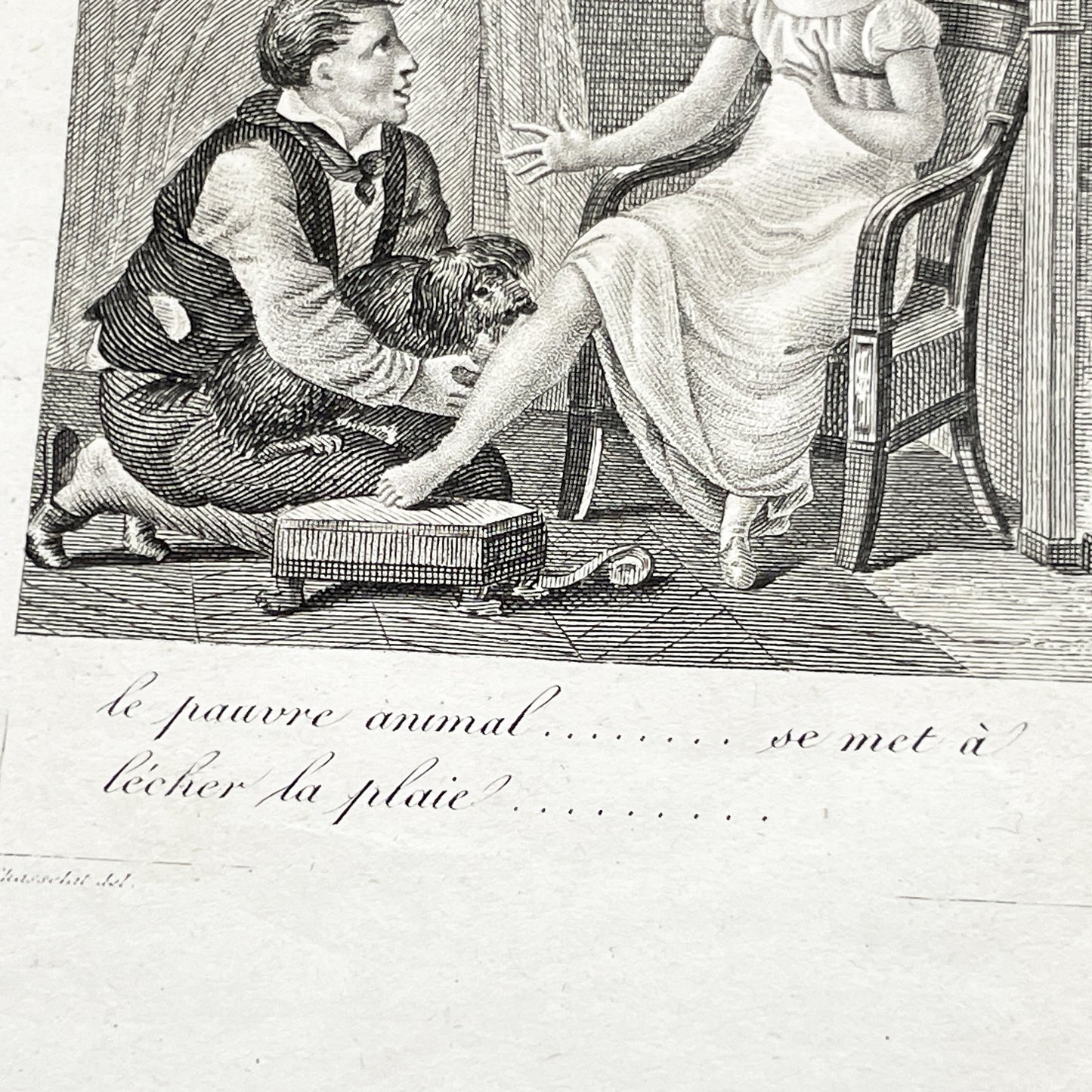 Early 19th - Captivating French Engraving depicting a domestic scene from 'Le Petit Chien Noir' - Antique Print - Literary Illustration