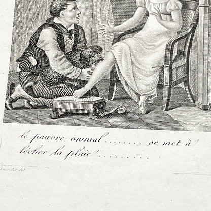 Early 19th - Captivating French Engraving depicting a domestic scene from 'Le Petit Chien Noir' - Antique Print - Literary Illustration