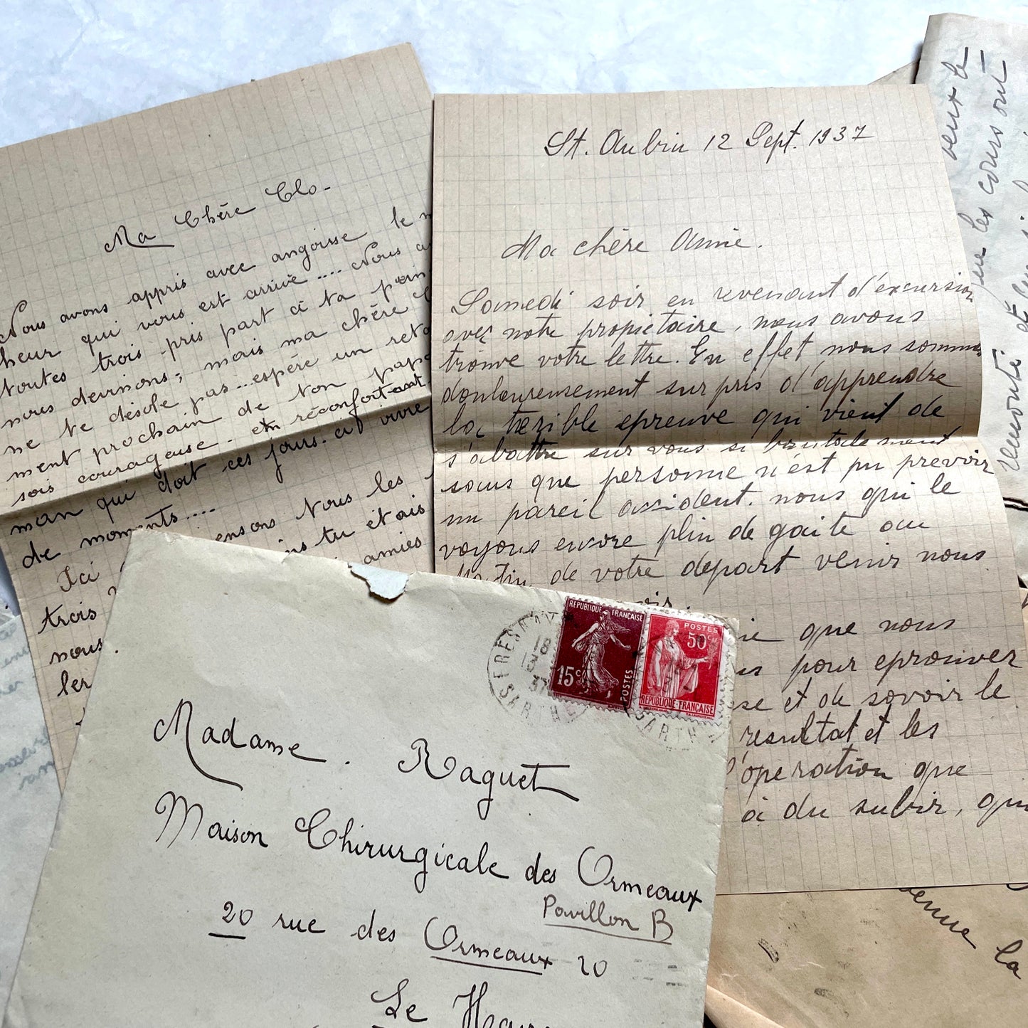 1930s French vintage letter lot with handwritten script, original stamps, and historical postmarks.