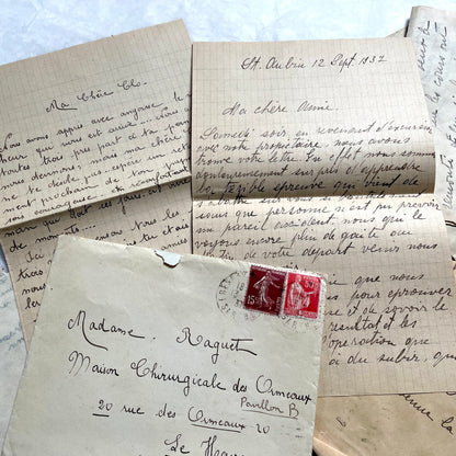 1930s French vintage letter lot with handwritten script, original stamps, and historical postmarks.