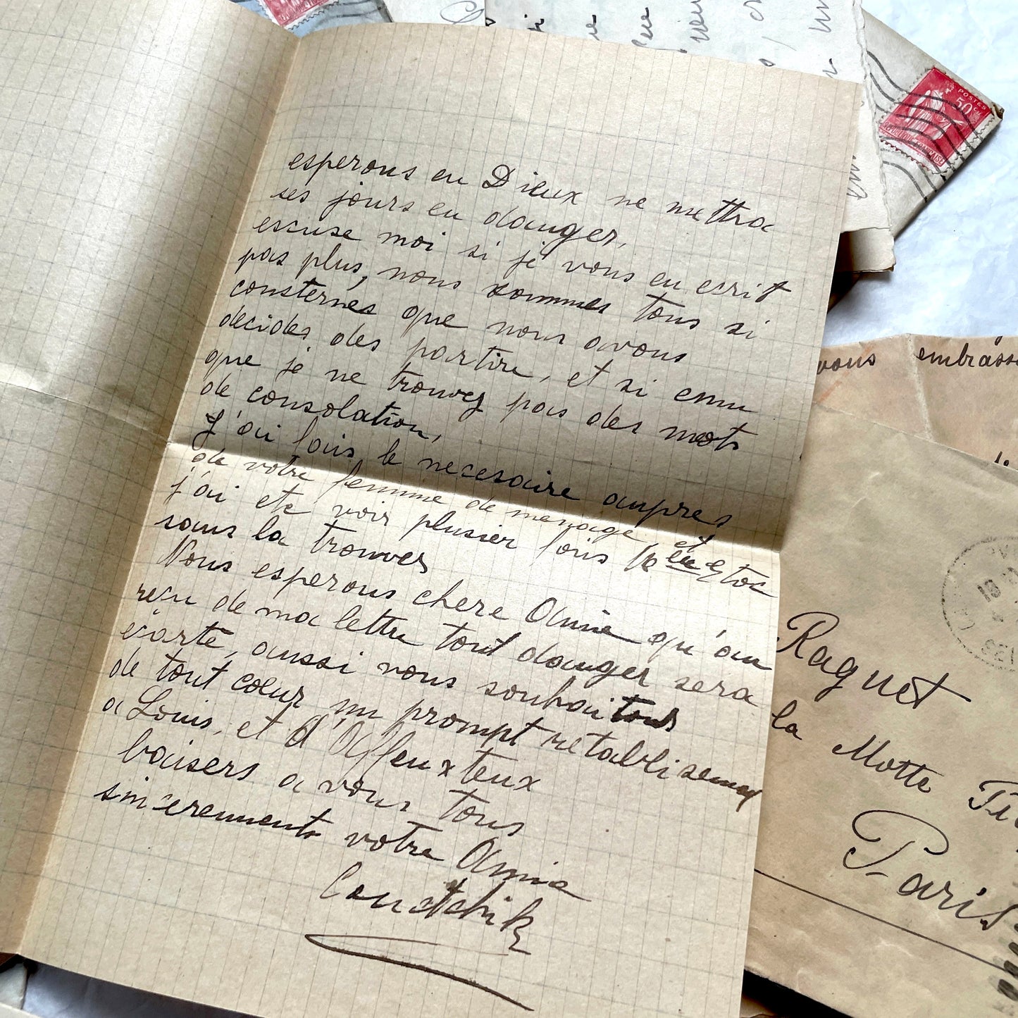 1930s French vintage letter lot with handwritten script, original stamps, and historical postmarks.