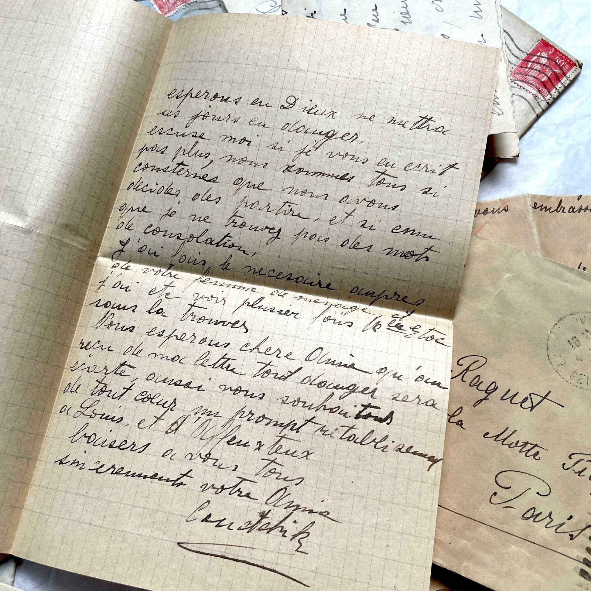 1930s French vintage letter lot with handwritten script, original stamps, and historical postmarks.