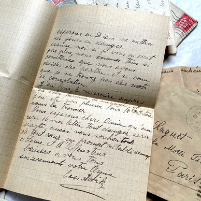 1930s French vintage letter lot with handwritten script, original stamps, and historical postmarks.