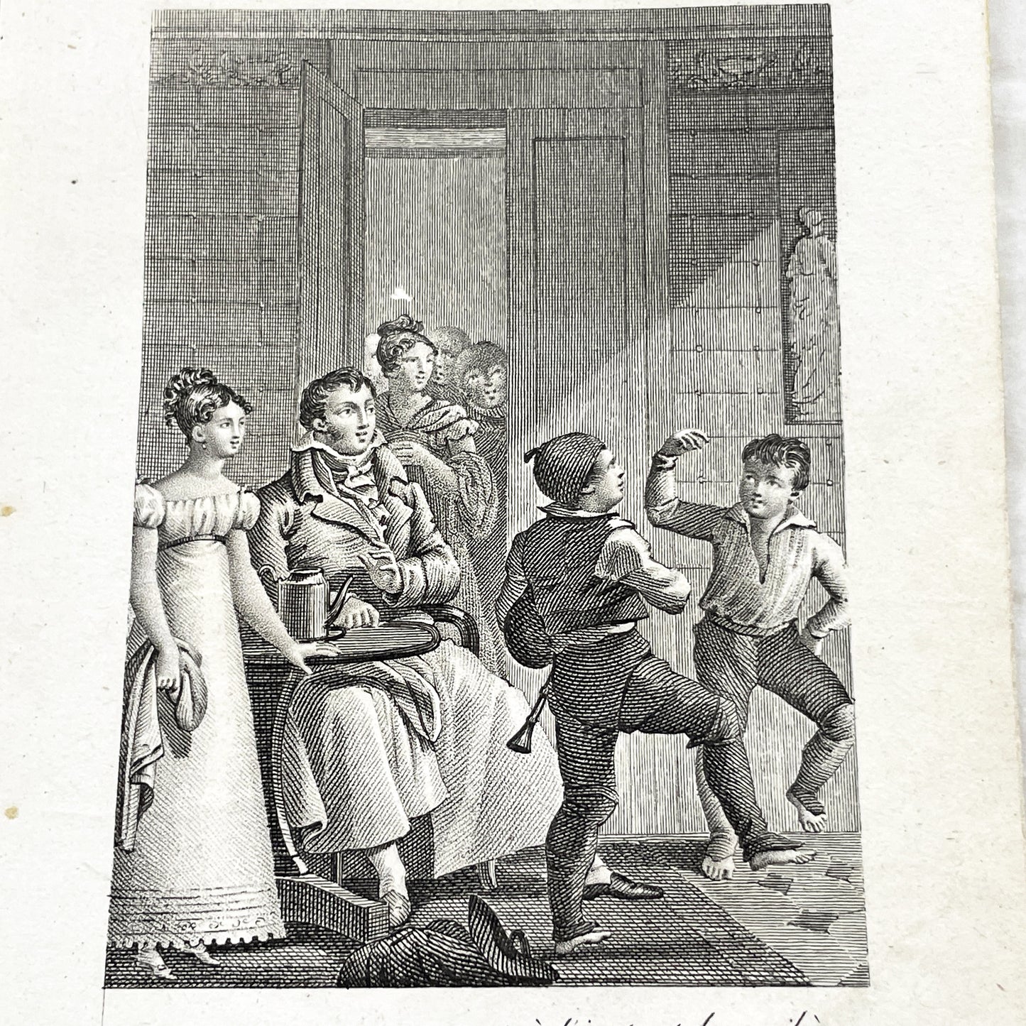 Early 19th - French Engraving with Hand-Coloring - 'La Pièce d'Or' Scene - Family - Children - Historical Art Print by Chasselat