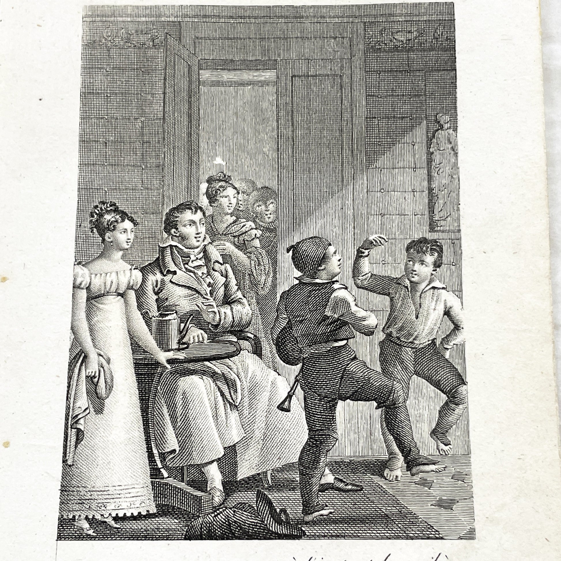 Early 19th - French Engraving with Hand-Coloring - 'La Pièce d'Or' Scene - Family - Children - Historical Art Print by Chasselat