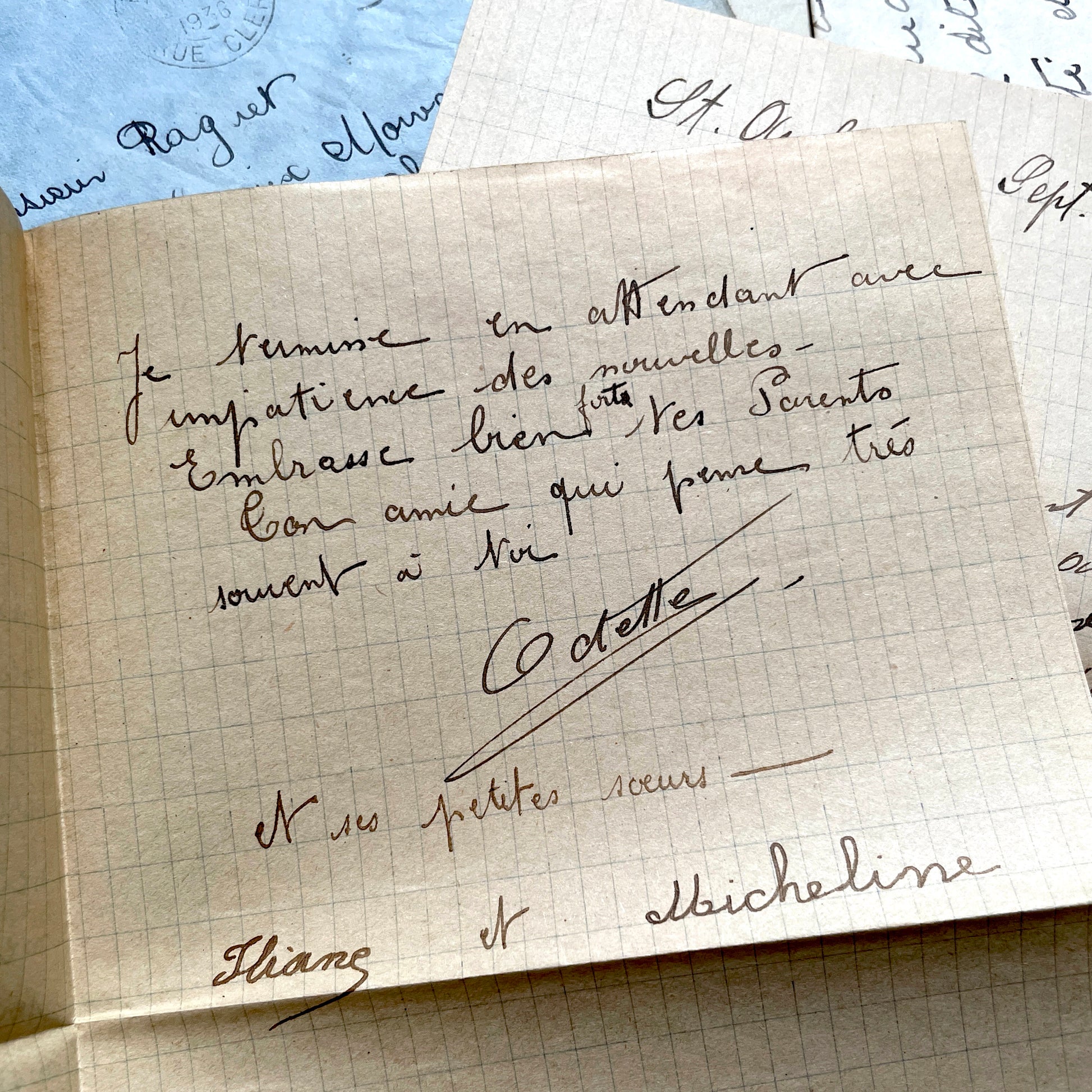 1930s French vintage letter lot with handwritten script, original stamps, and historical postmarks.