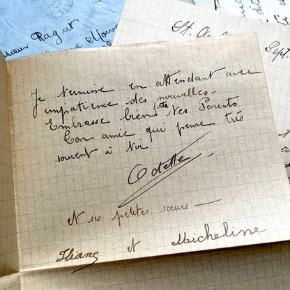 1930s French vintage letter lot with handwritten script, original stamps, and historical postmarks.
