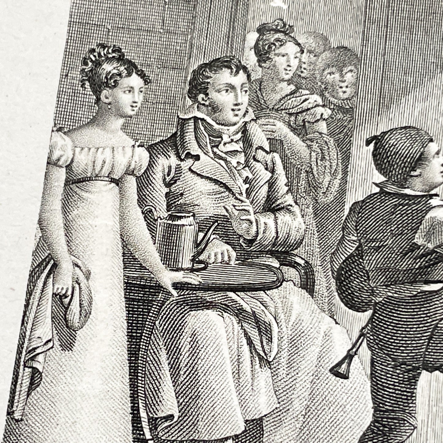 Early 19th - French Engraving with Hand-Coloring - 'La Pièce d'Or' Scene - Family - Children - Historical Art Print by Chasselat