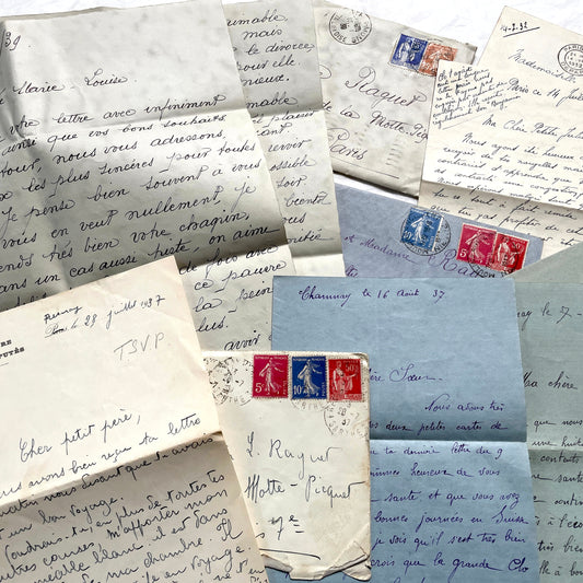 1930s French handwritten letters lot featuring vintage stamps, postmarks, and elegant script. A historical paper collection.