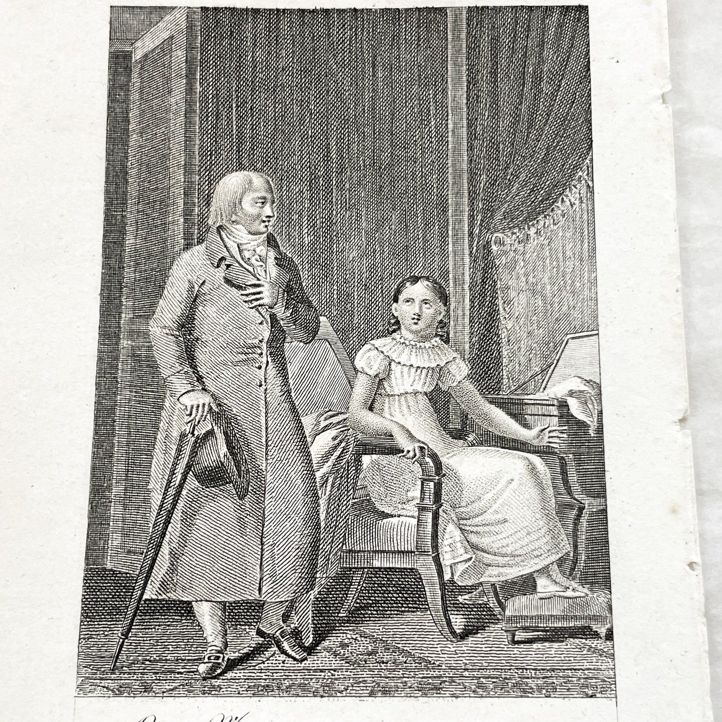 Early 19th - Antique French Print - Domestic Scene with Man and Woman - Elegant Fashion - Historical Costume - Fine Art Engraving