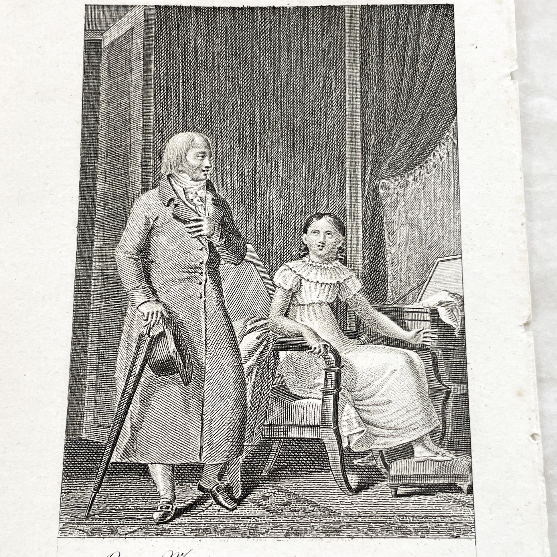 Early 19th - Antique French Print - Domestic Scene with Man and Woman - Elegant Fashion - Historical Costume - Fine Art Engraving