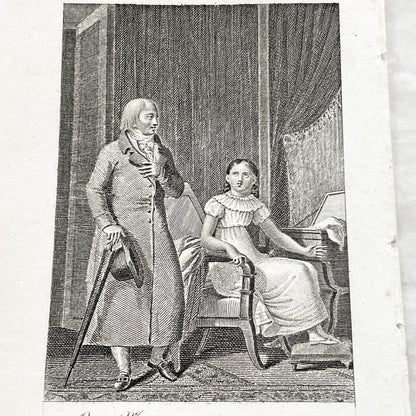 Early 19th - Antique French Print - Domestic Scene with Man and Woman - Elegant Fashion - Historical Costume - Fine Art Engraving