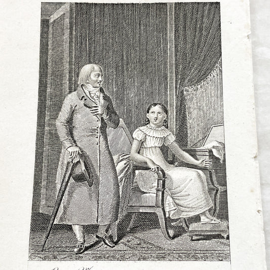 Early 19th - Antique French Print - Domestic Scene with Man and Woman - Elegant Fashion - Historical Costume - Fine Art Engraving