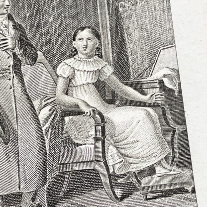 Early 19th - Antique French Print - Domestic Scene with Man and Woman - Elegant Fashion - Historical Costume - Fine Art Engraving