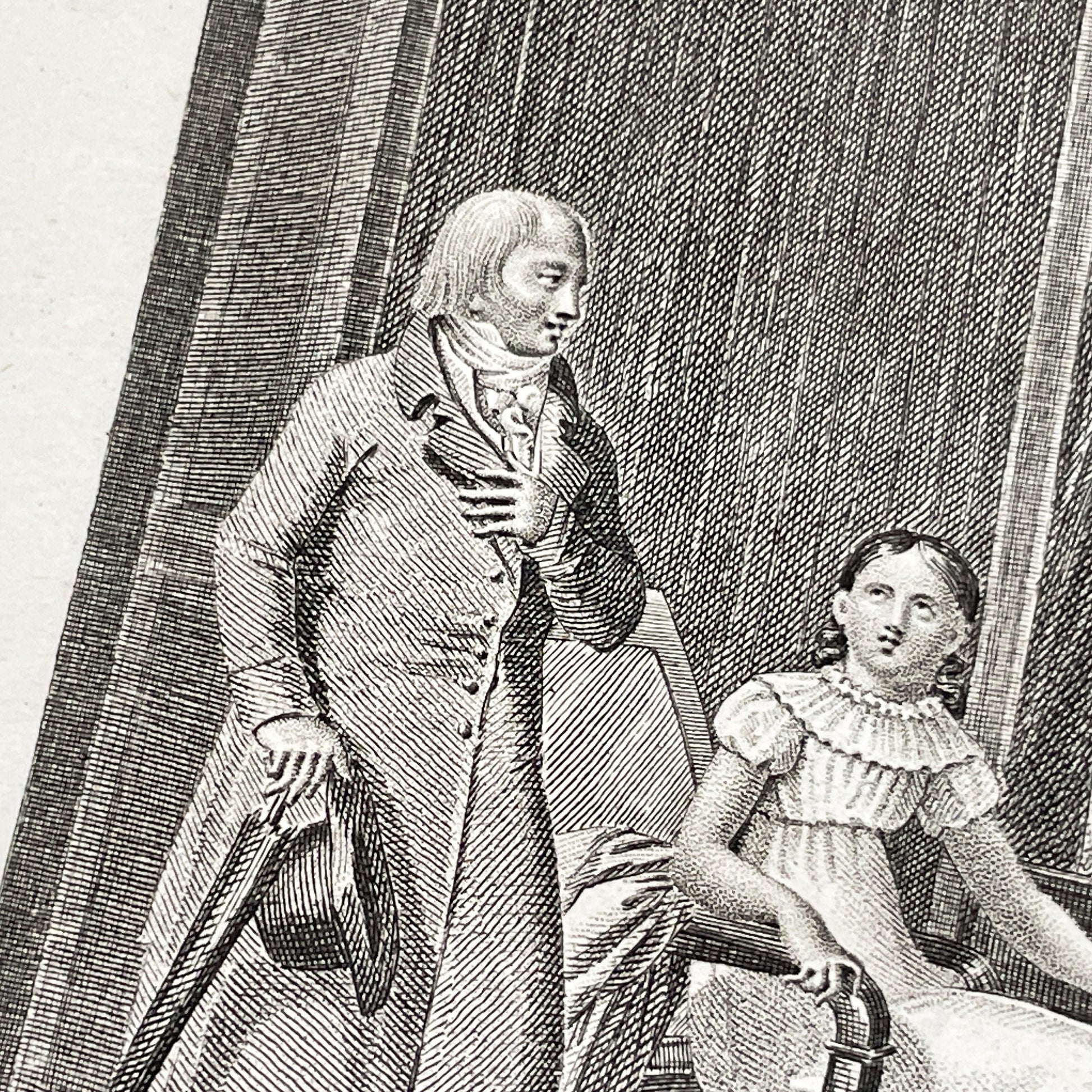 Early 19th - Antique French Print - Domestic Scene with Man and Woman - Elegant Fashion - Historical Costume - Fine Art Engraving