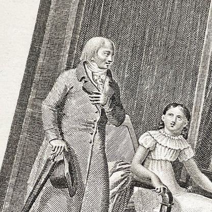 Early 19th - Antique French Print - Domestic Scene with Man and Woman - Elegant Fashion - Historical Costume - Fine Art Engraving
