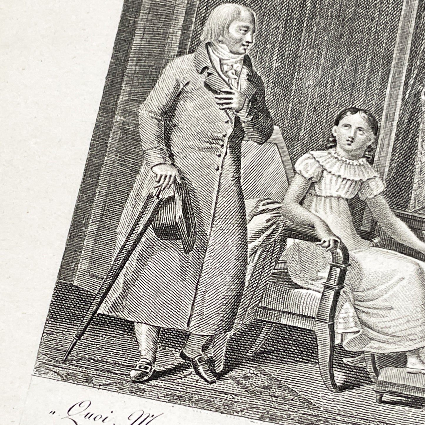 Early 19th - Antique French Print - Domestic Scene with Man and Woman - Elegant Fashion - Historical Costume - Fine Art Engraving