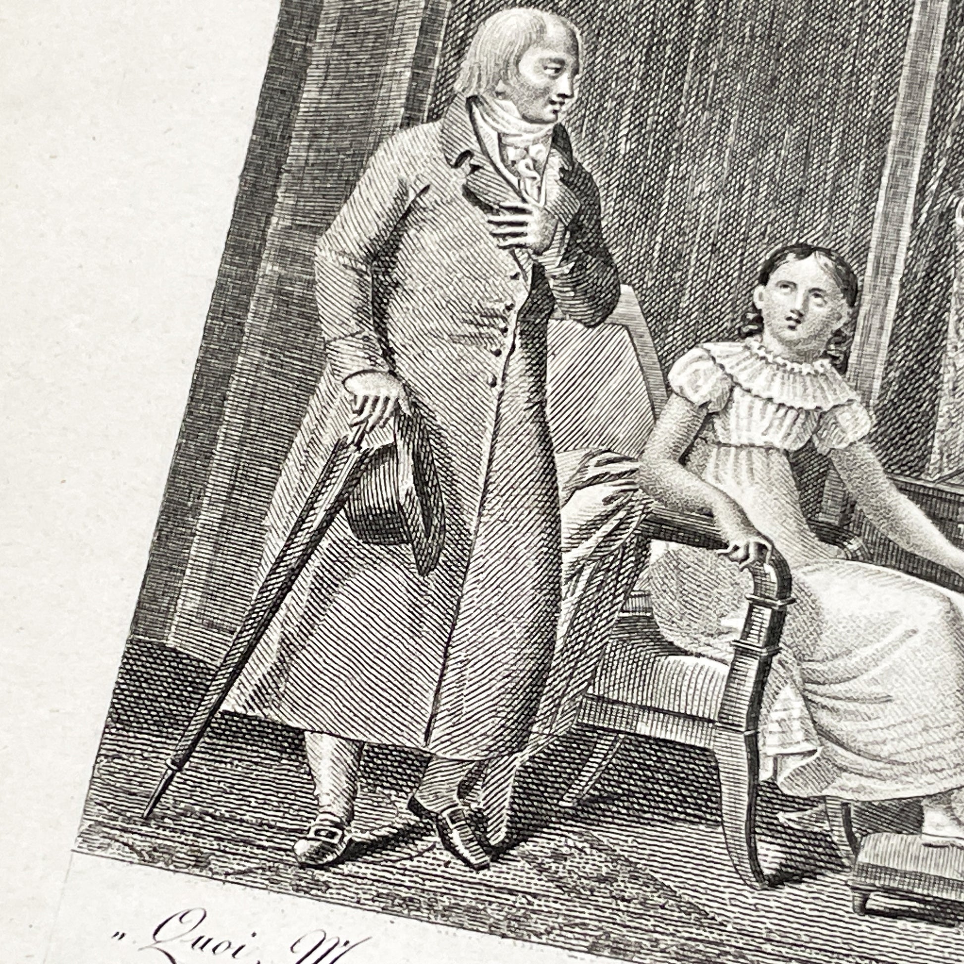 Early 19th - Antique French Print - Domestic Scene with Man and Woman - Elegant Fashion - Historical Costume - Fine Art Engraving