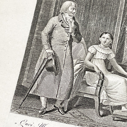 Early 19th - Antique French Print - Domestic Scene with Man and Woman - Elegant Fashion - Historical Costume - Fine Art Engraving