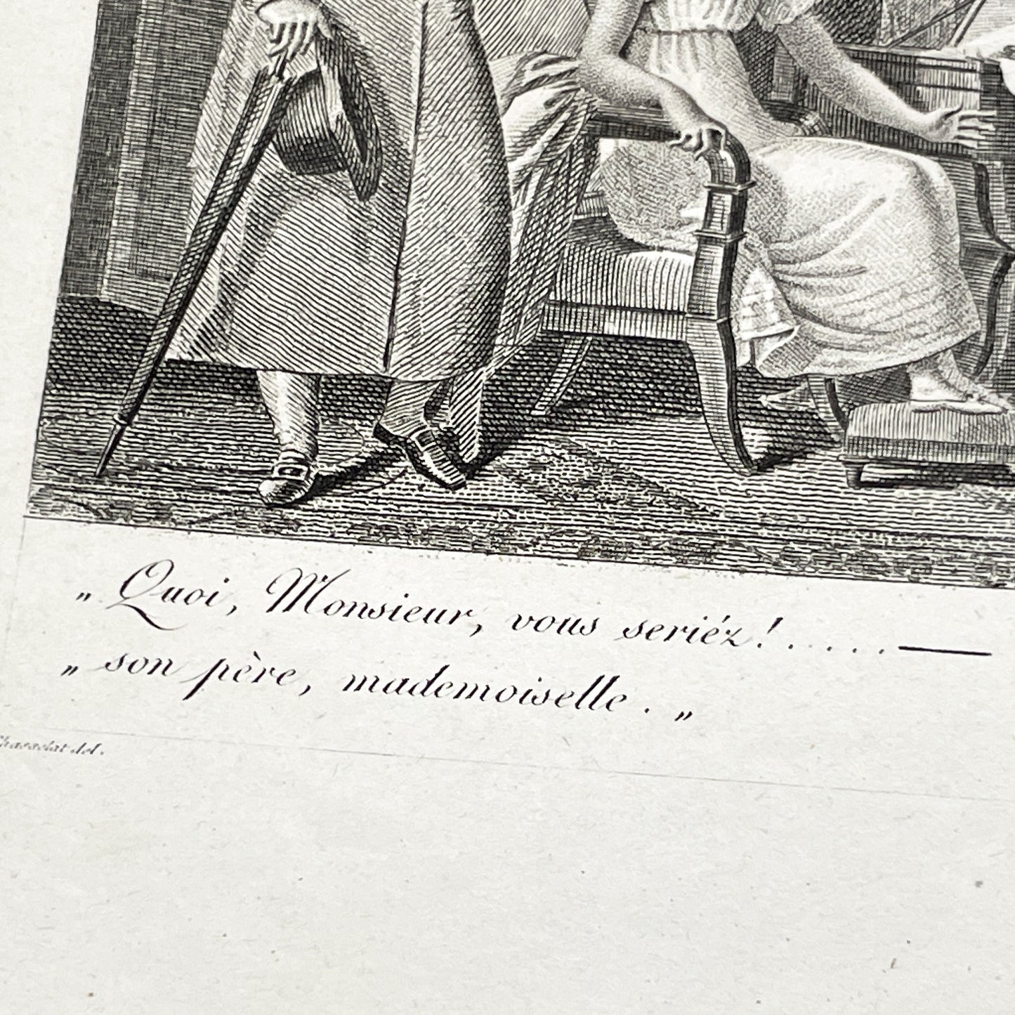 Early 19th - Antique French Print - Domestic Scene with Man and Woman - Elegant Fashion - Historical Costume - Fine Art Engraving