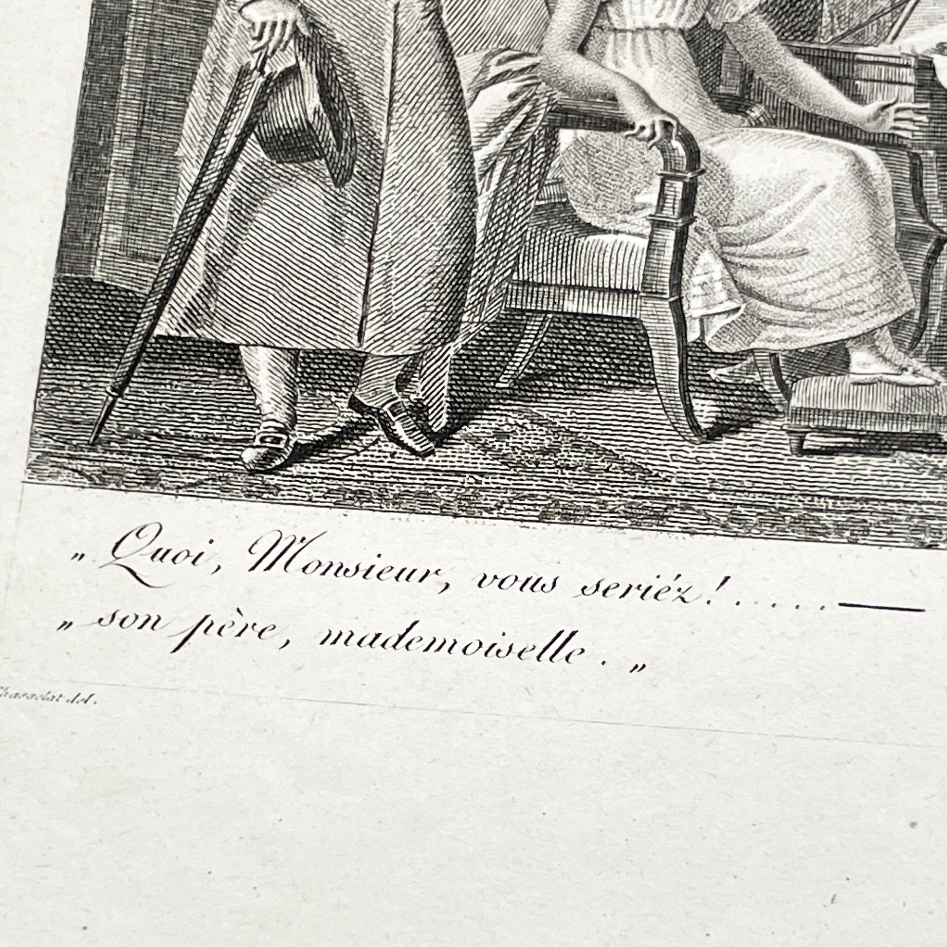 Early 19th - Antique French Print - Domestic Scene with Man and Woman - Elegant Fashion - Historical Costume - Fine Art Engraving