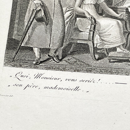 Early 19th - Antique French Print - Domestic Scene with Man and Woman - Elegant Fashion - Historical Costume - Fine Art Engraving