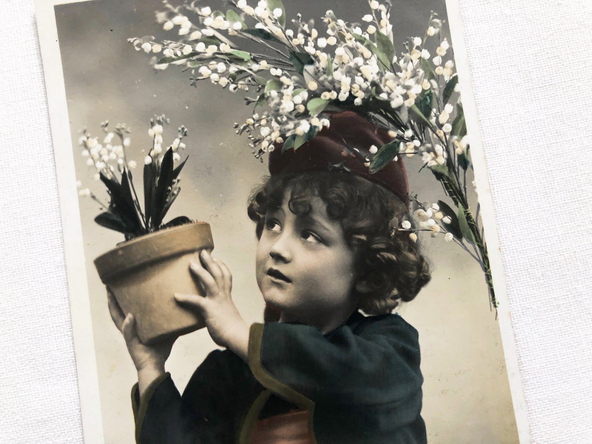 1900s - Charming Antique French Lily Of The Valley Postcard - Young Child Portrait - Muguet Spring Blossom Greeting Card