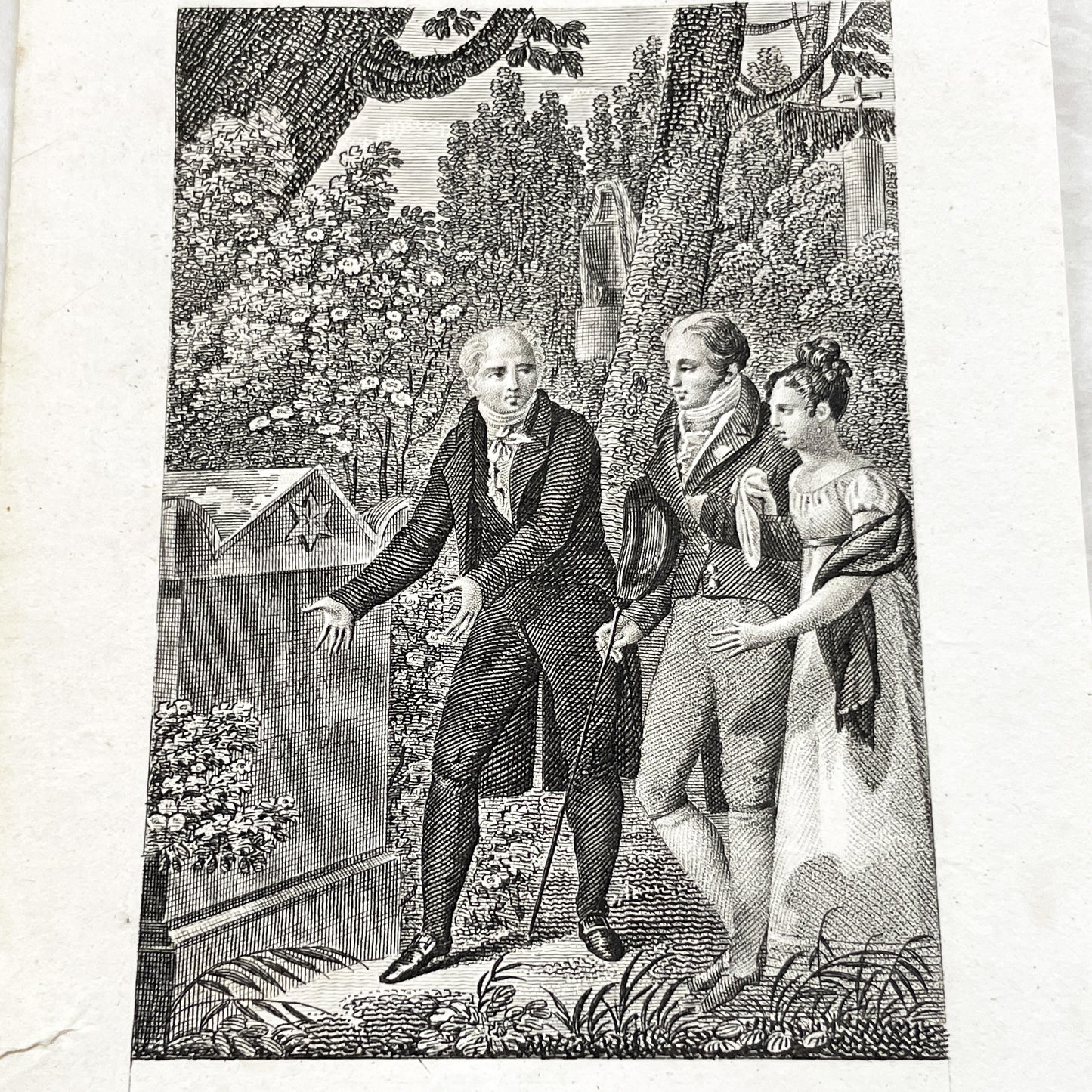 Early 19th - French Sentimental Engraving - Village Cemetery Scene - Historical Illustration of Love and Family Mourning