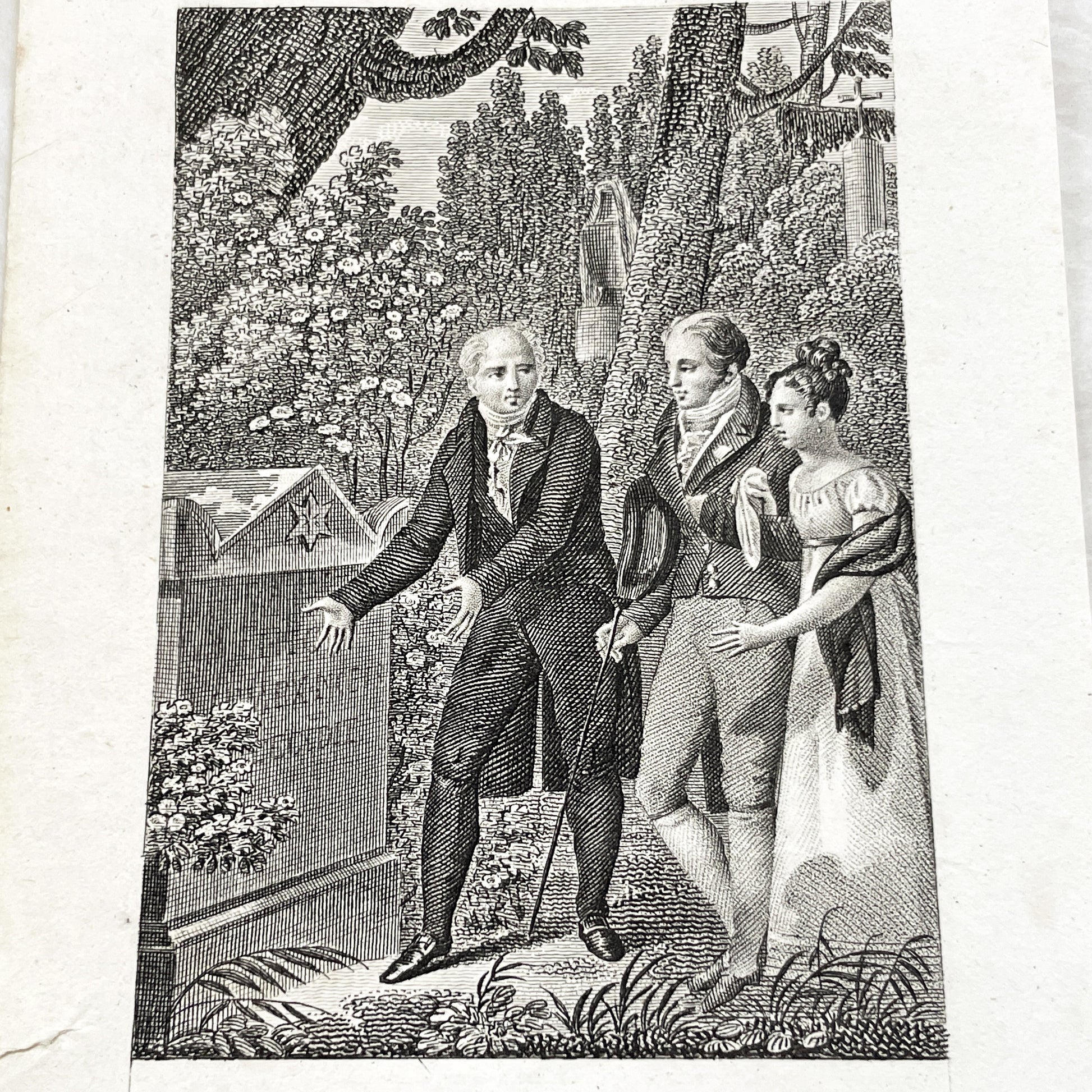 Early 19th - French Sentimental Engraving - Village Cemetery Scene - Historical Illustration of Love and Family Mourning